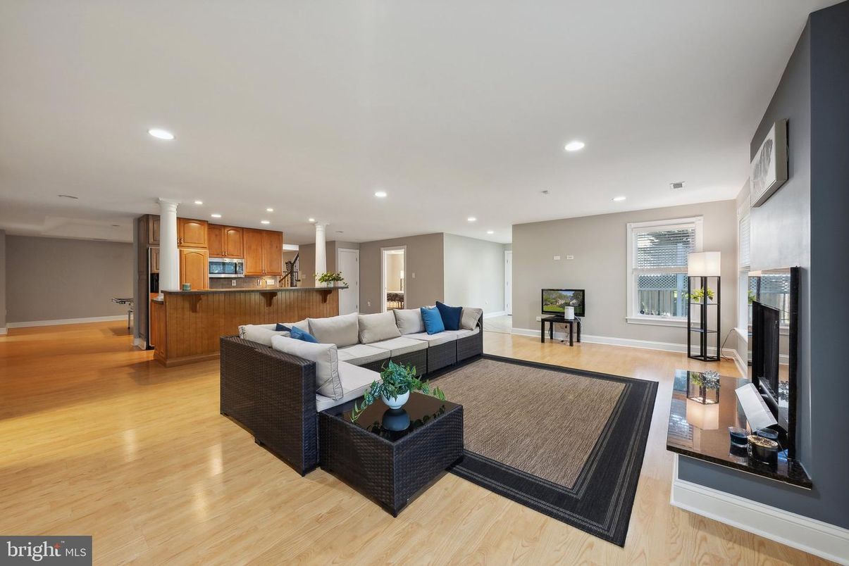 Fireplace, Interior, Kitchen, Living room, Recessed Lighting, Wood Texture Flooring