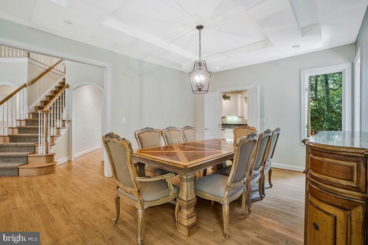 Dining room, Interior, Pendant Lights, Wood Texture Flooring