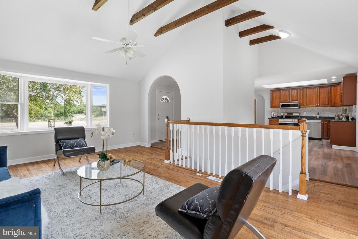 Interior, Kitchen, Living room, Recessed Lighting, Stainless Steel Appliances, Wooden Beams, Wood Texture Flooring