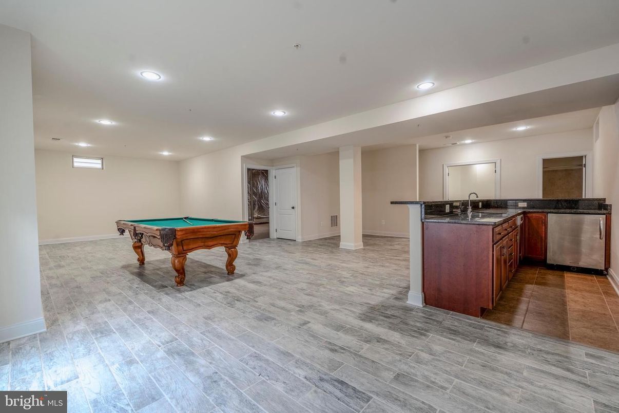 Billiard Table, Game Room, Interior, Kitchen, Recessed Lighting, Wood Texture Flooring