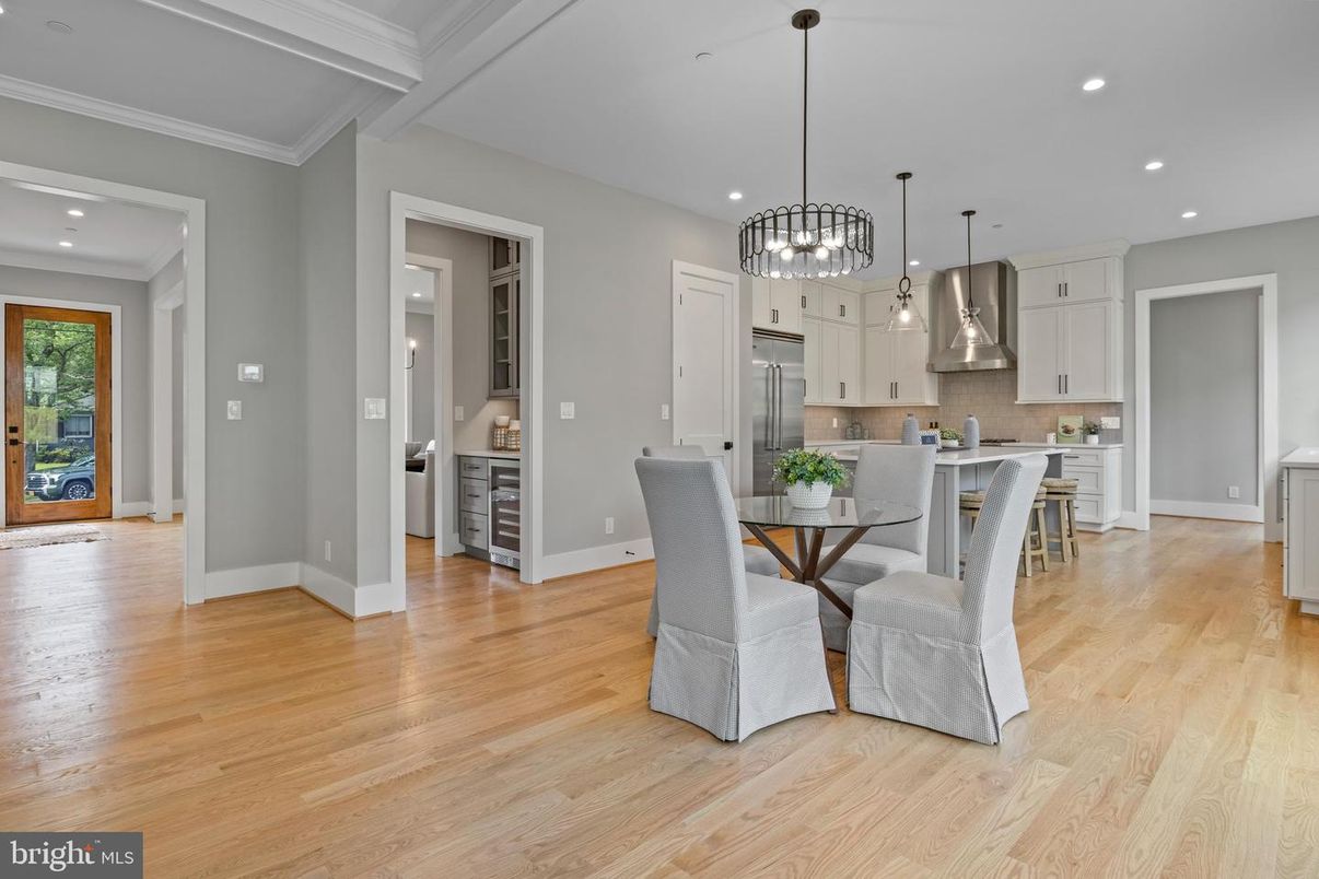 Dining room, Interior, Kitchen, Pendant Lights, Recessed Lighting, Stainless Steel Appliances, Wood Texture Flooring