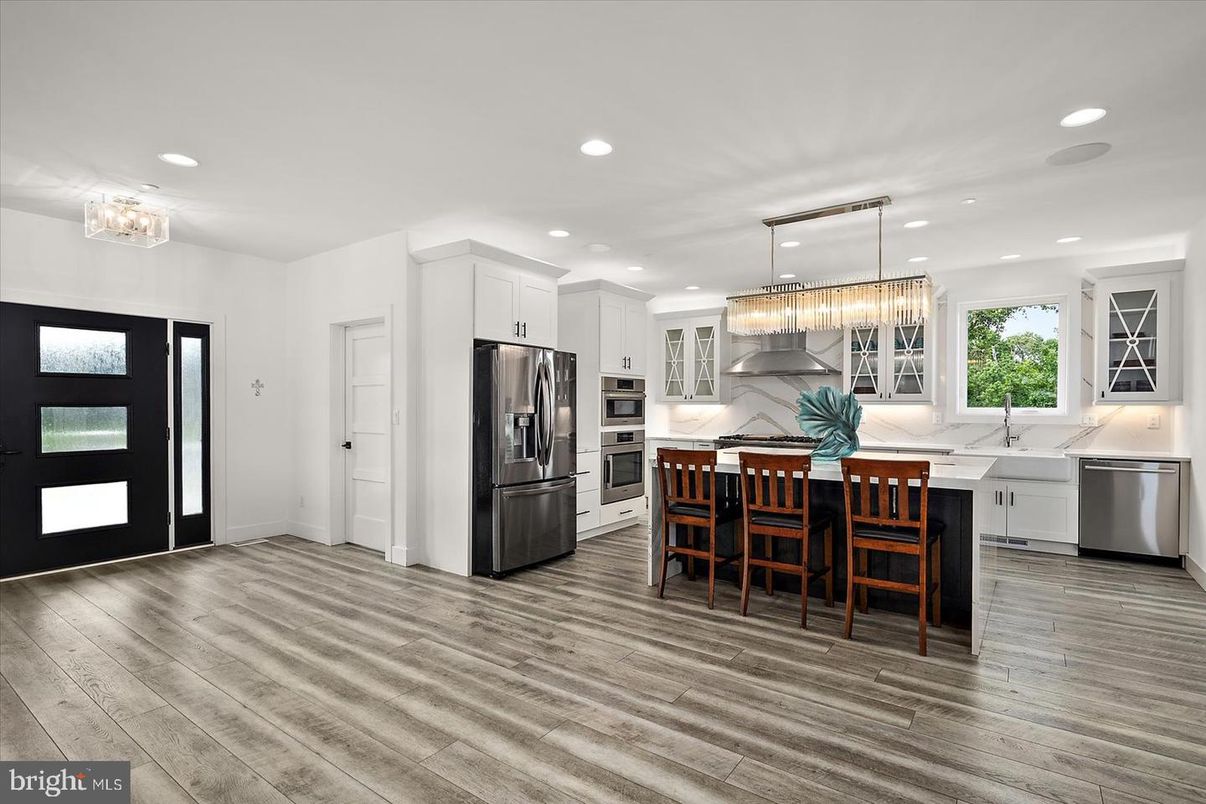 Chandelier, Interior, Kitchen, Recessed Lighting, Stainless Steel Appliances, Wood Texture Flooring