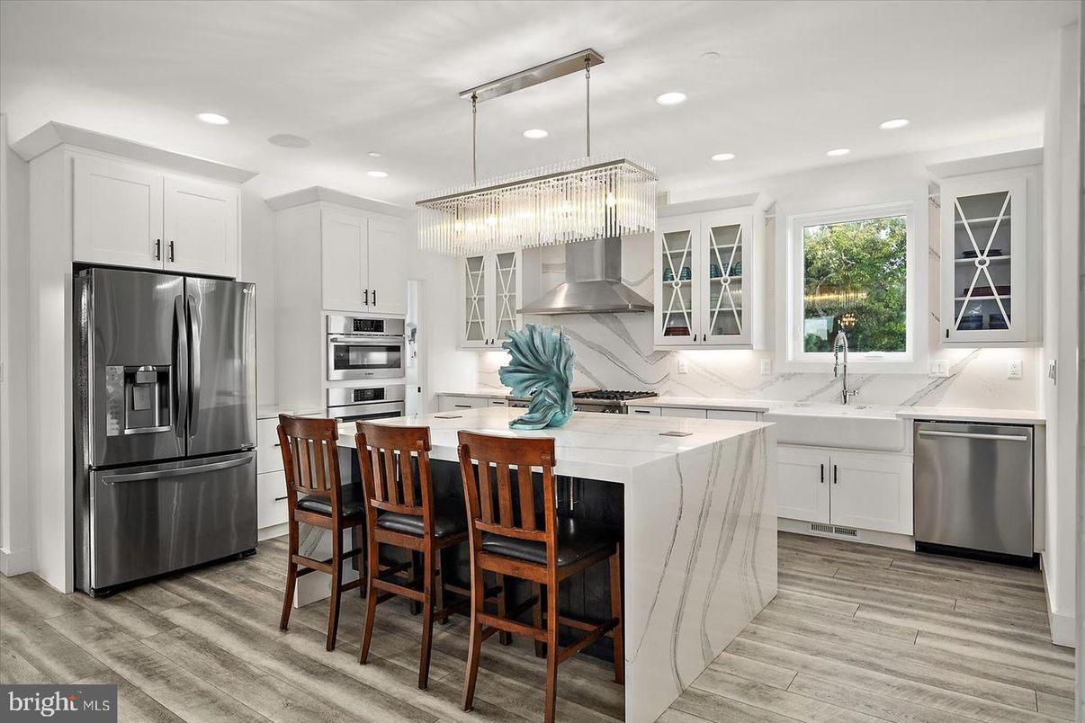 Chandelier, Interior, Kitchen, Recessed Lighting, Stainless Steel Appliances, Wood Texture Flooring
