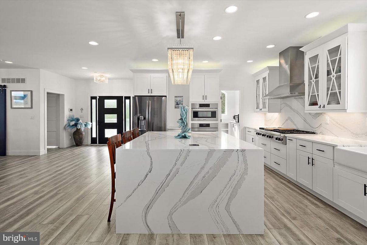 Chandelier, Interior, Kitchen, Recessed Lighting, Stainless Steel Appliances, Wood Texture Flooring