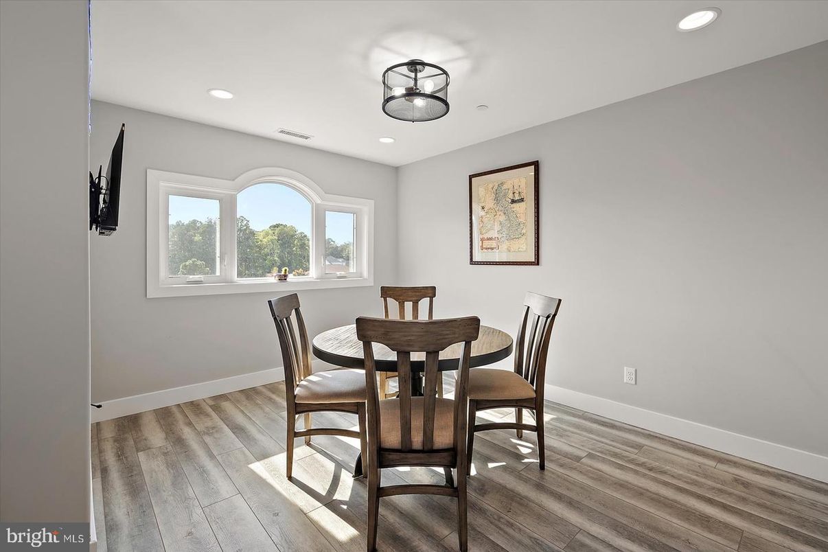 Dining room, Interior, Recessed Lighting, Wood Texture Flooring