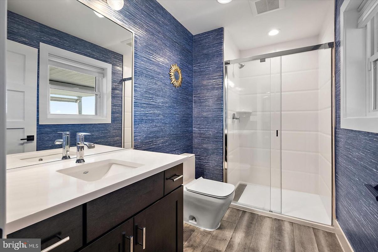 Bathroom, Glass Shower, Interior, Recessed Lighting, Wood Texture Flooring