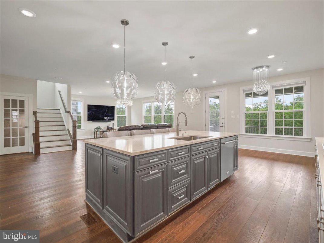 Chandelier, Interior, Kitchen, Pendant Lights, Recessed Lighting, Wood Texture Flooring