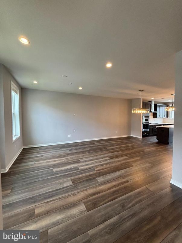Empty room, Interior, Kitchen, Pendant Lights, Recessed Lighting, Wood Texture Flooring