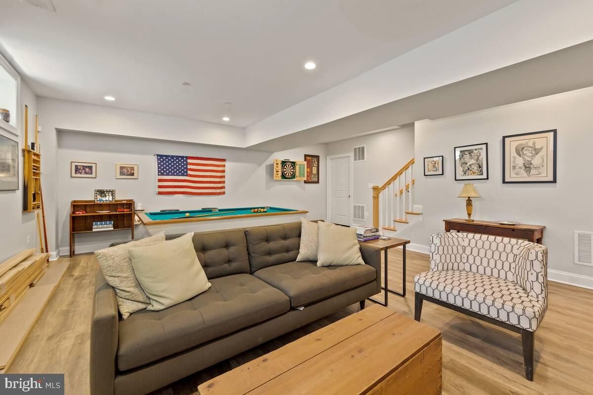 Billiard Table, Game Room, Interior, Living room, Recessed Lighting, Wood Texture Flooring