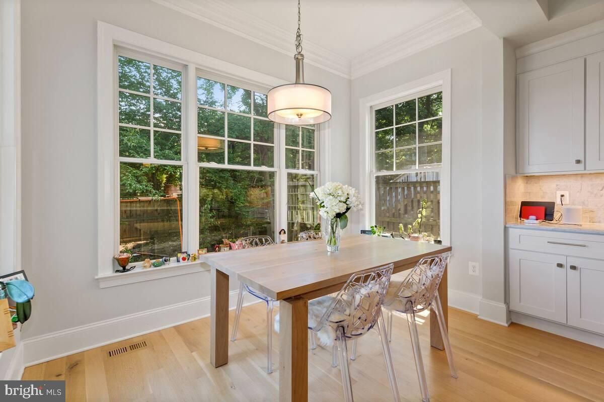 Dining room, Interior, Pendant Lights, Wood Texture Flooring