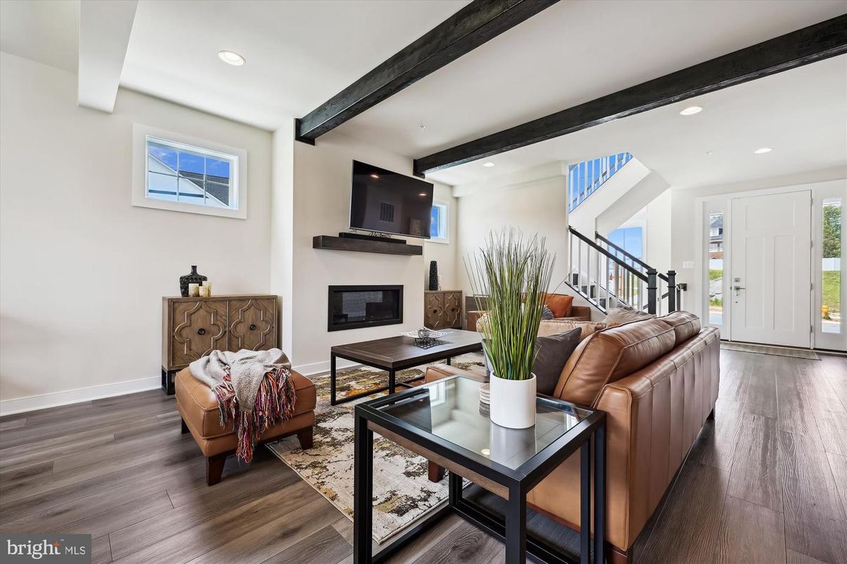 Fireplace, Interior, Living room, Recessed Lighting, Wooden Beams, Wood Texture Flooring