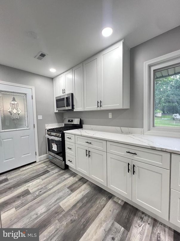 Interior, Kitchen, Recessed Lighting, Stainless Steel Appliances, Wood Texture Flooring