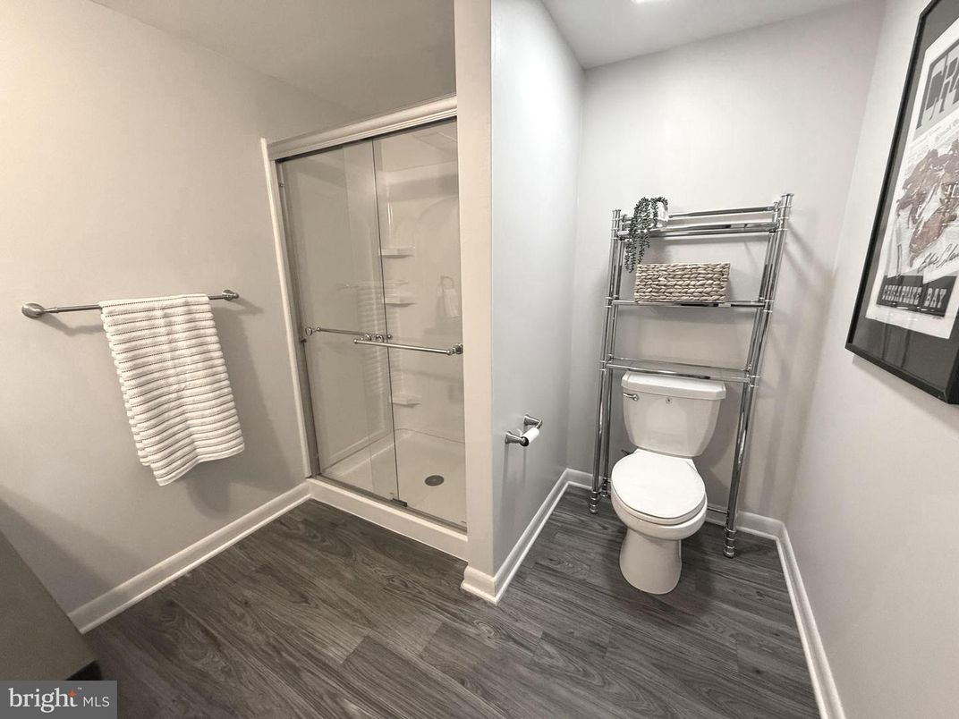 Bathroom, Glass Shower, Interior, Recessed Lighting, Wood Texture Flooring