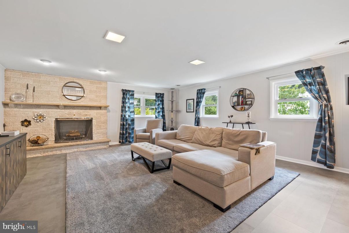 Fireplace, Interior, Living room, Recessed Lighting, Stone Walls