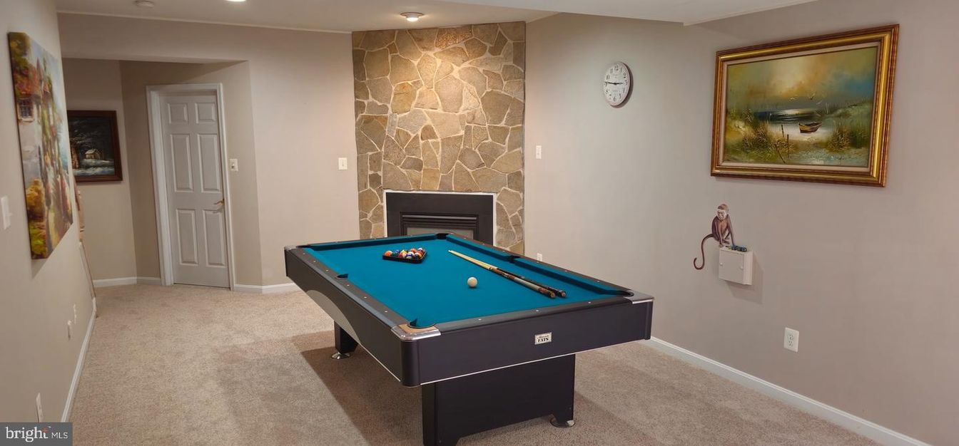 Billiard Table, Fireplace, Game Room, Interior, Recessed Lighting, Stone Walls
