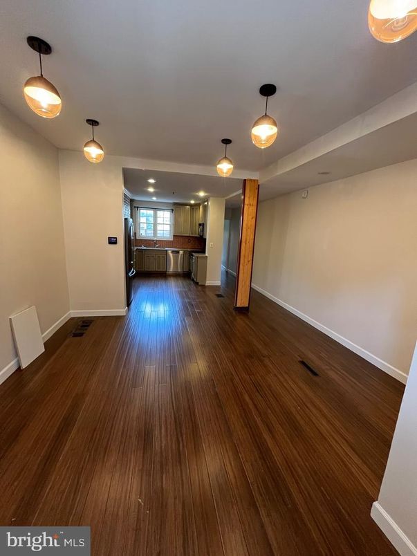 Empty room, Interior, Kitchen, Pendant Lights, Recessed Lighting, Wood Texture Flooring