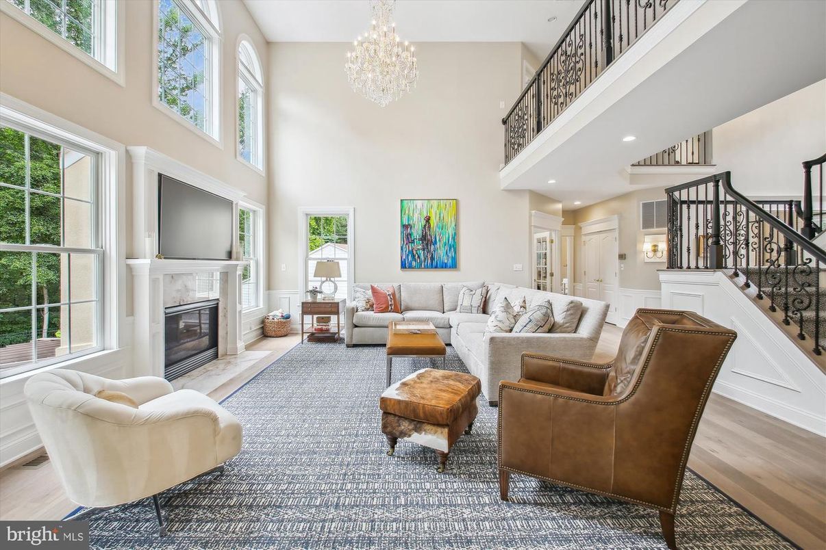 Chandelier, Fireplace, Interior, Living room, Recessed Lighting, Wood Texture Flooring
