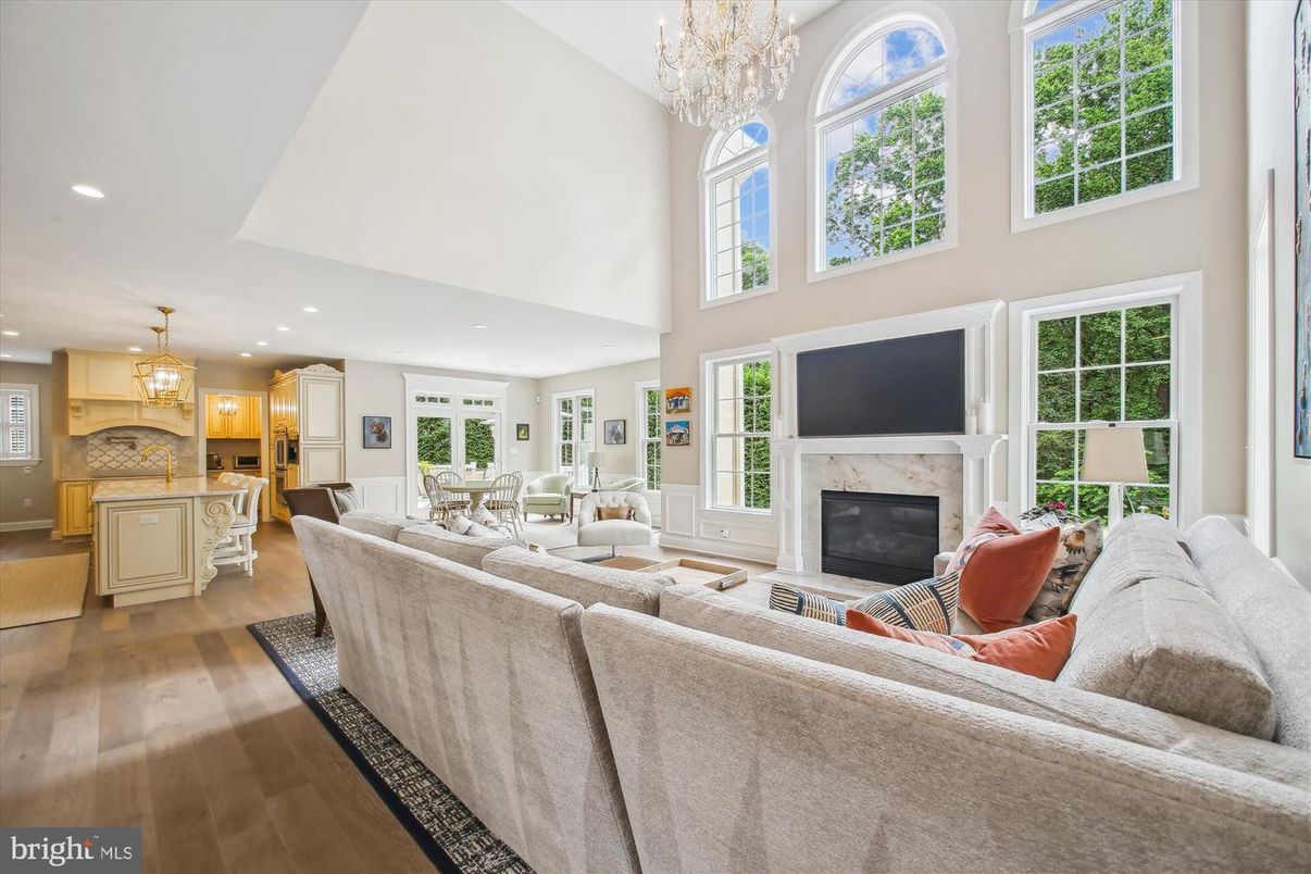 Chandelier, Dining room, Fireplace, Interior, Kitchen, Living room, Recessed Lighting, Wood Texture Flooring