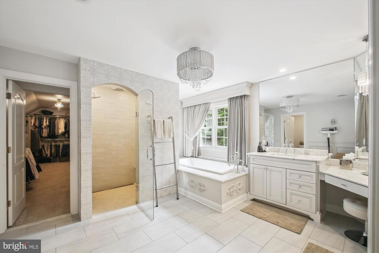 Bathroom, Chandelier, Glass Shower, Interior, Recessed Lighting