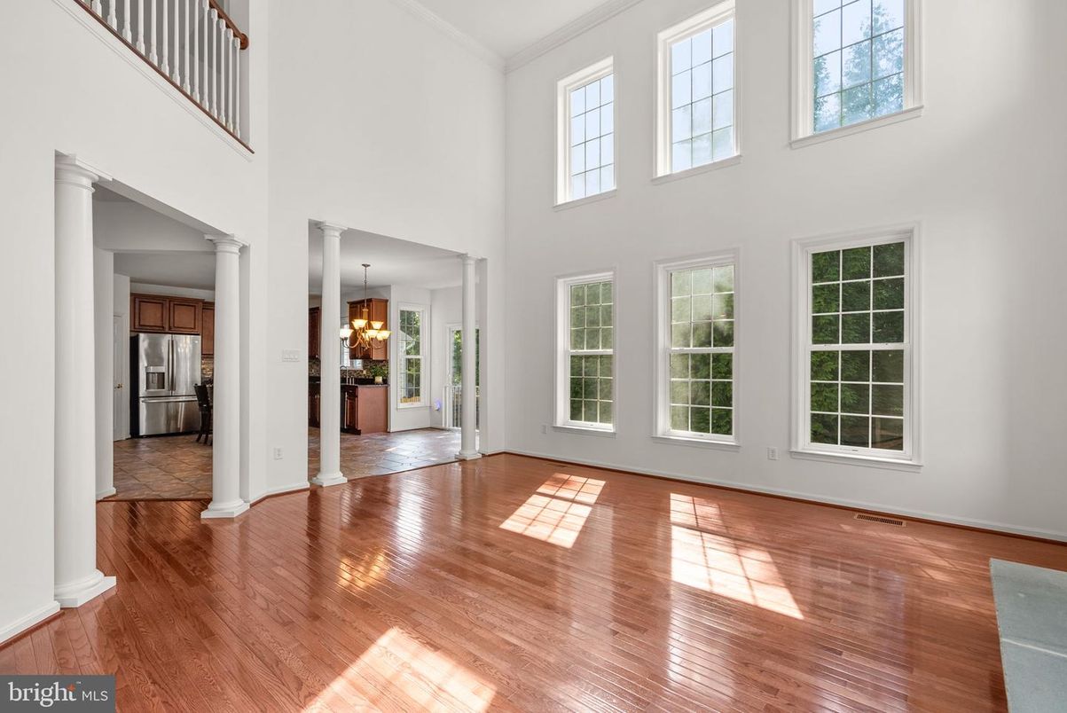 Chandelier, Empty room, Interior, Kitchen, Pendant Lights, Stainless Steel Appliances, Wood Texture Flooring