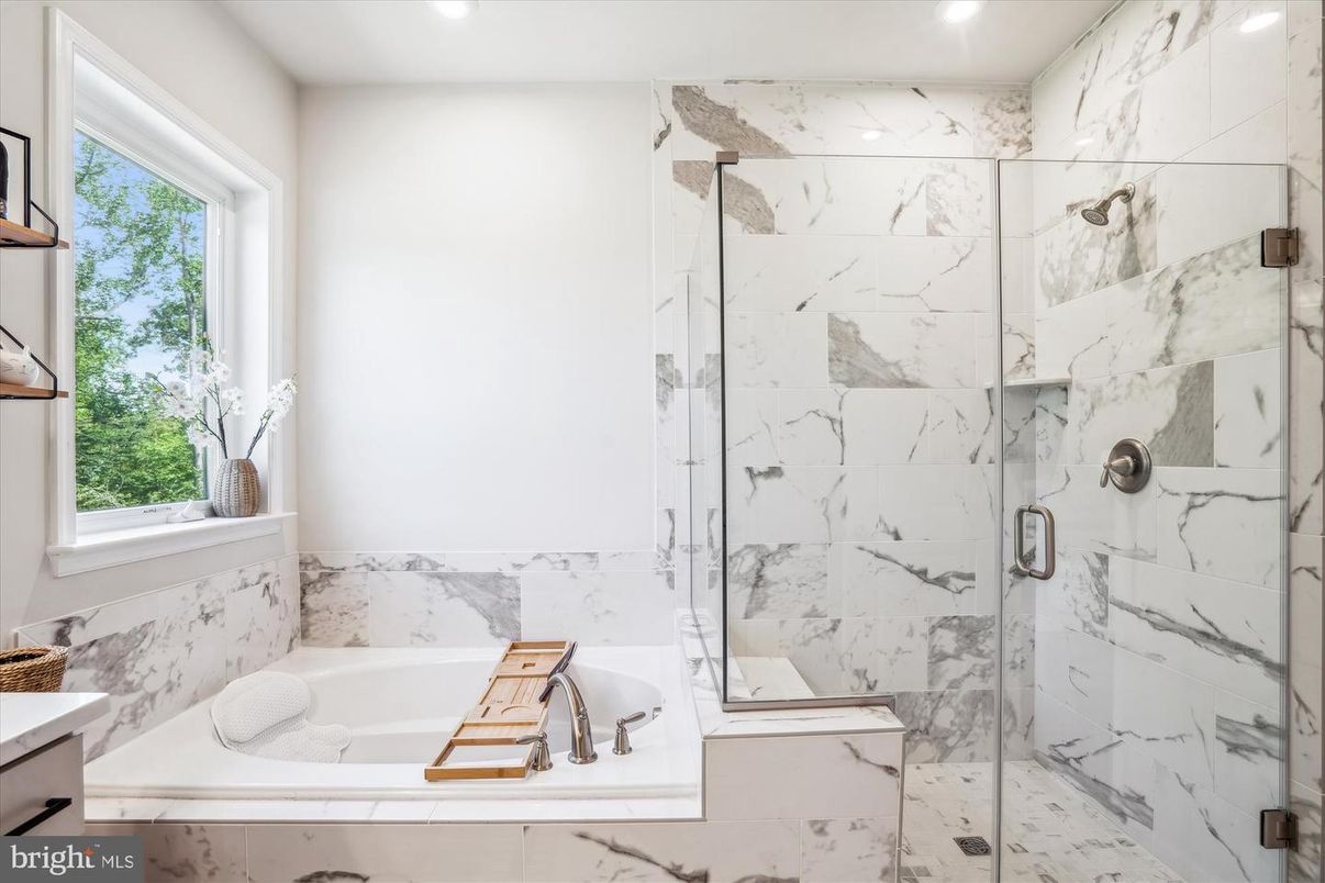 Bathroom, Glass Shower, Interior, Marble Walls, Recessed Lighting