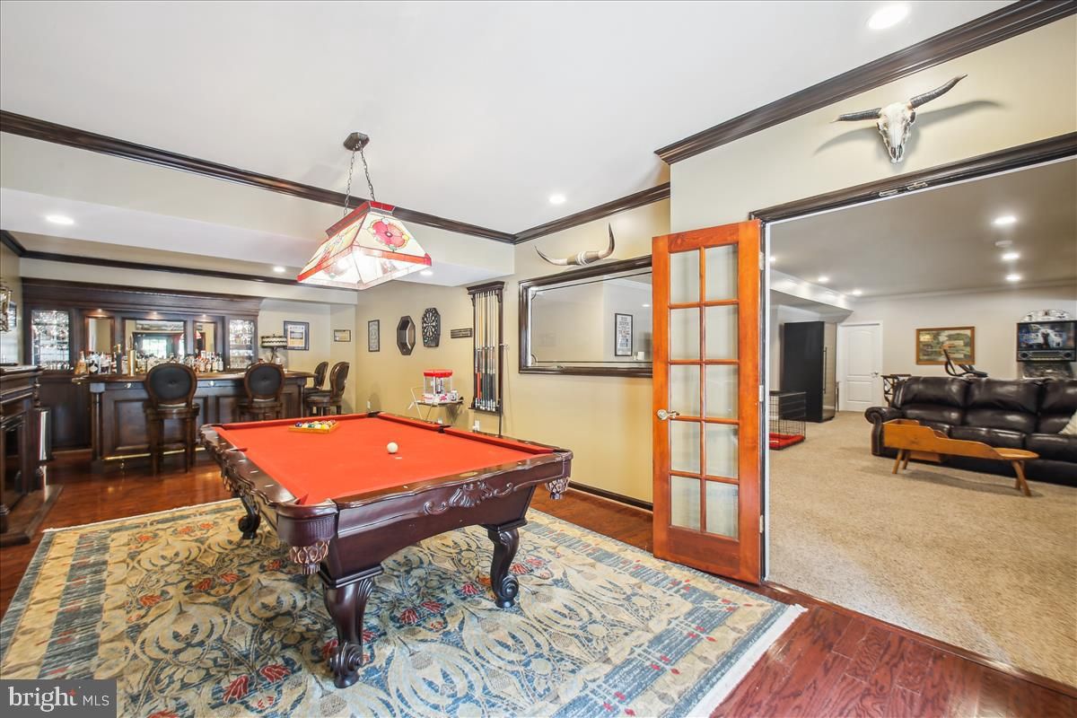 Billiard Table, Game Room, Interior, Pendant Lights, Recessed Lighting, Wood Texture Flooring