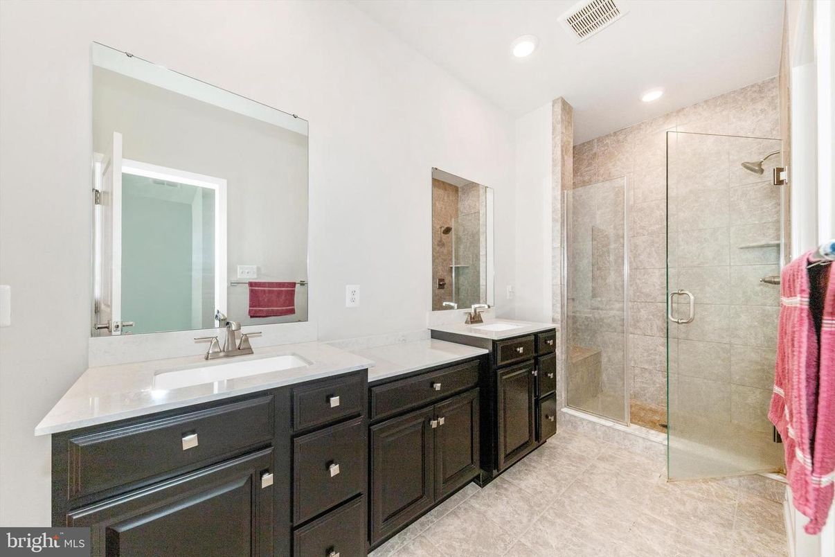 Bathroom, Dual Sink Vanities, Glass Shower, Interior, Recessed Lighting