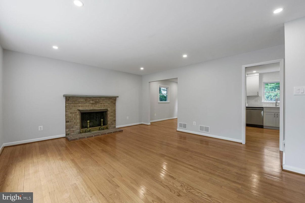Empty room, Fireplace, Interior, Recessed Lighting, Wood Texture Flooring