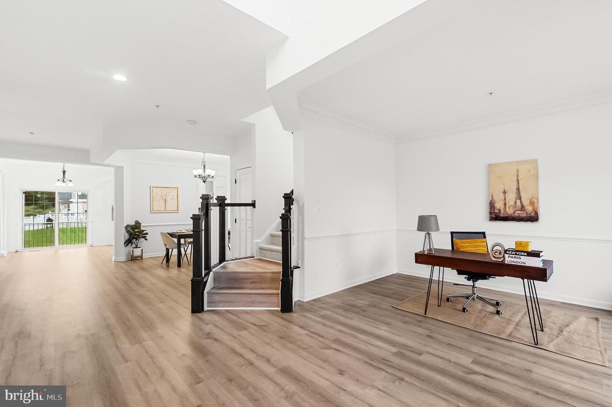 Chandelier, Home Office, Interior, Recessed Lighting, Wood Texture Flooring