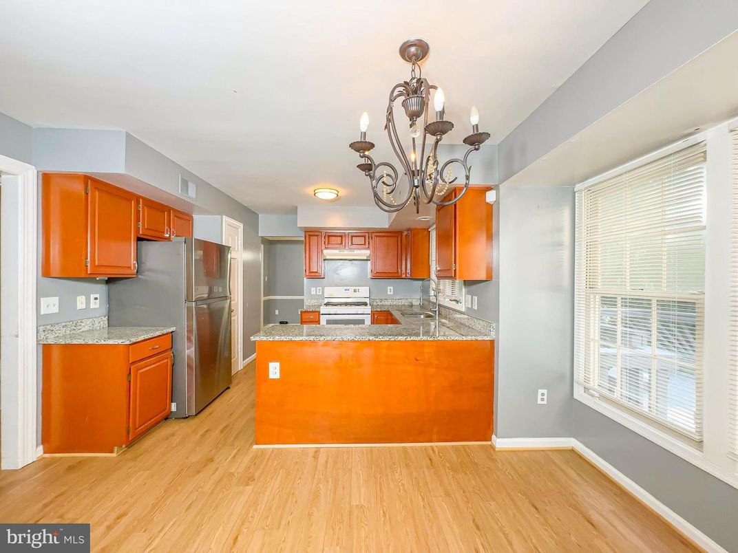 Chandelier, Interior, Kitchen, Stainless Steel Appliances, Wood Texture Flooring