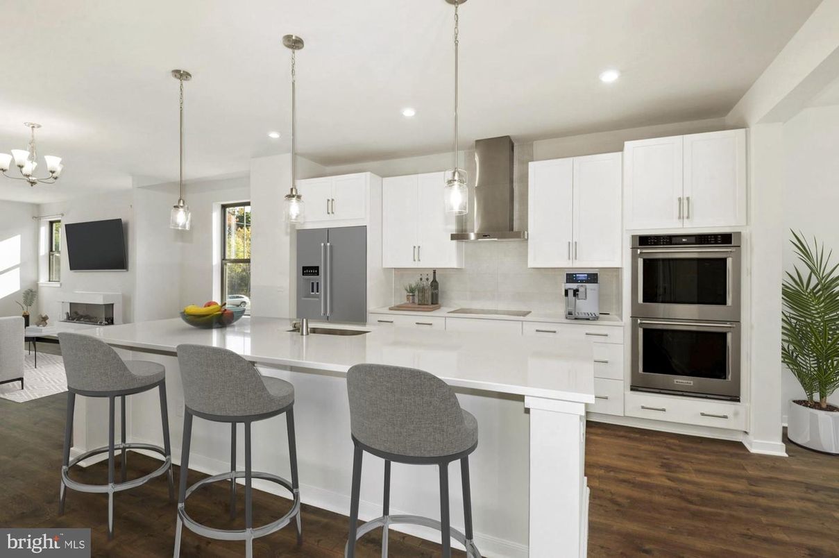Chandelier, Interior, Kitchen, Pendant Lights, Recessed Lighting, Stainless Steel Appliances, Wood Texture Flooring