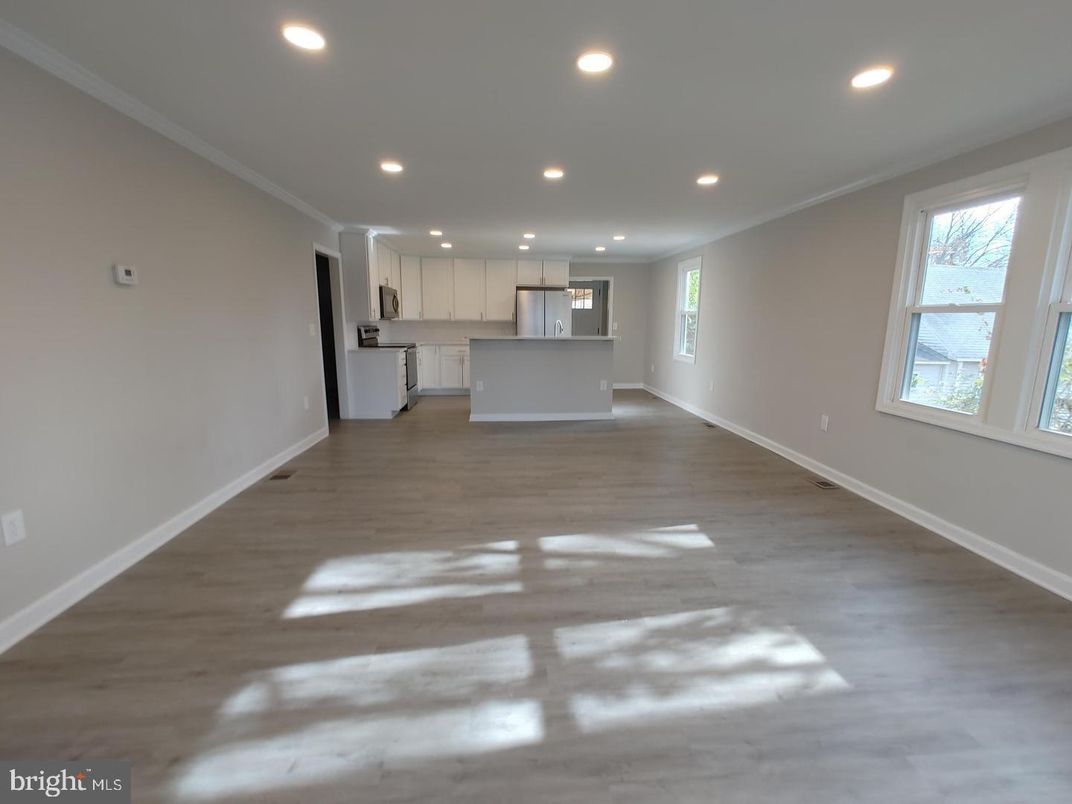 Empty room, Interior, Kitchen, Pendant Lights, Recessed Lighting, Wood Texture Flooring