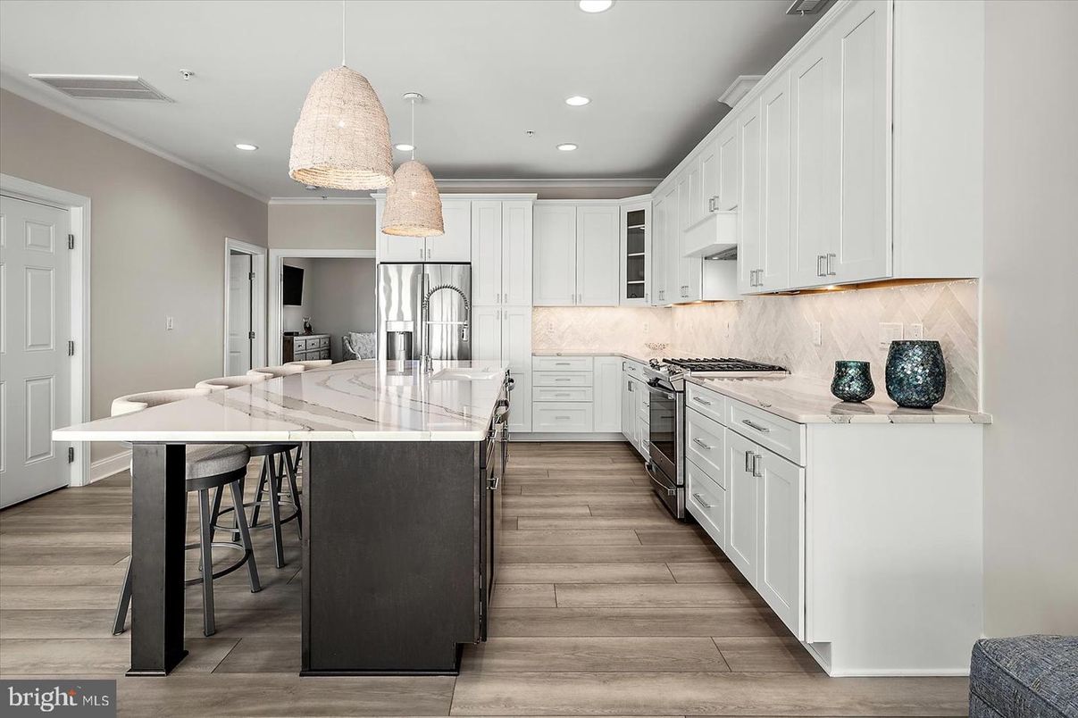 Interior, Kitchen, Pendant Lights, Recessed Lighting, Stainless Steel Appliances, Wood Texture Flooring