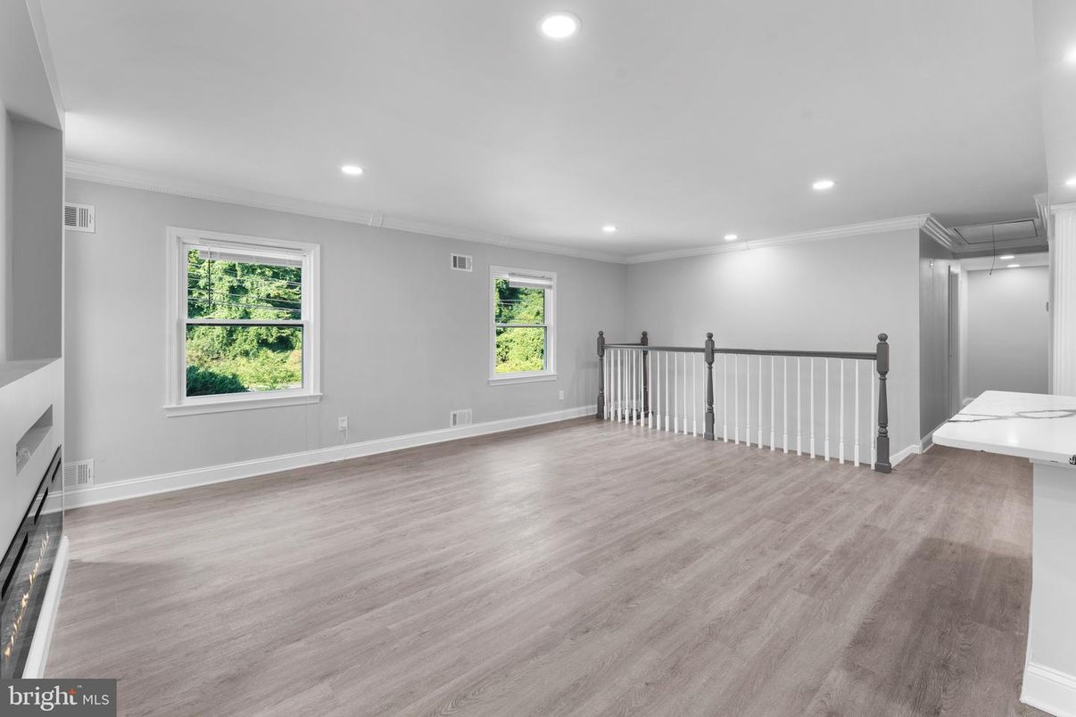 Empty room, Fireplace, Interior, Recessed Lighting, Wood Texture Flooring