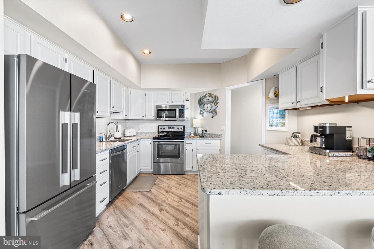 Interior, Kitchen, Recessed Lighting, Stainless Steel Appliances, Wood Texture Flooring