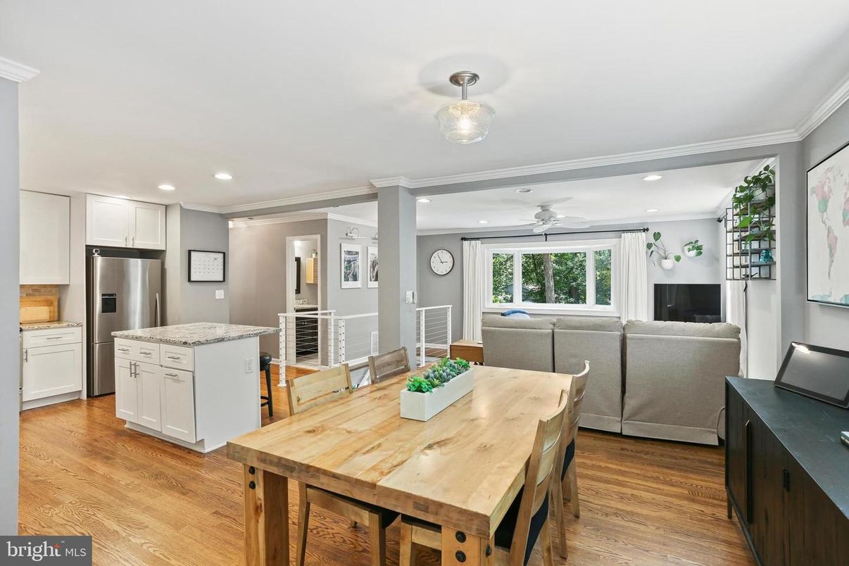 Dining room, Interior, Kitchen, Living room, Recessed Lighting, Stainless Steel Appliances, Wood Texture Flooring