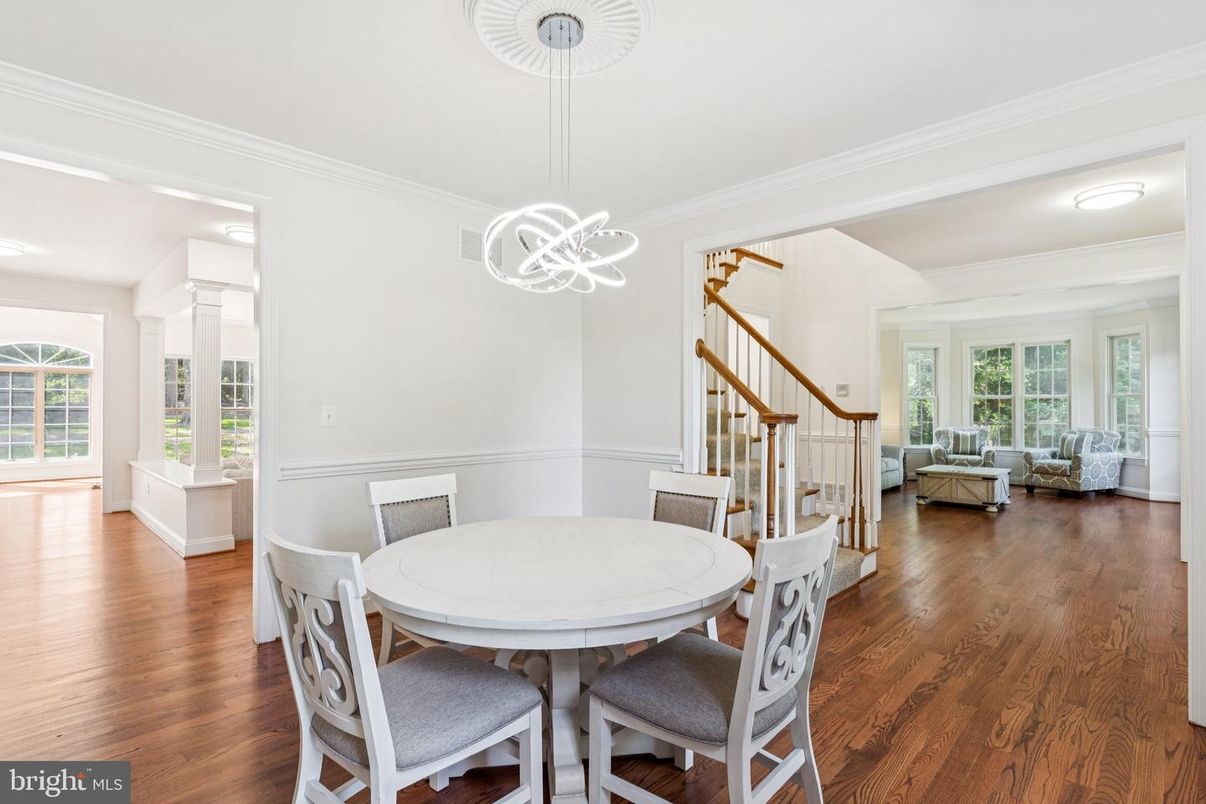 Dining room, Interior, Living room, Pendant Lights, Wood Texture Flooring