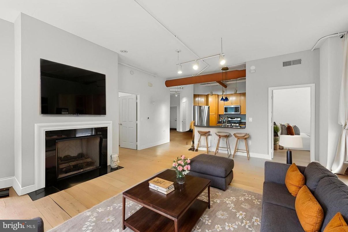 Fireplace, Interior, Kitchen, Living room, Stainless Steel Appliances, Wood Texture Flooring