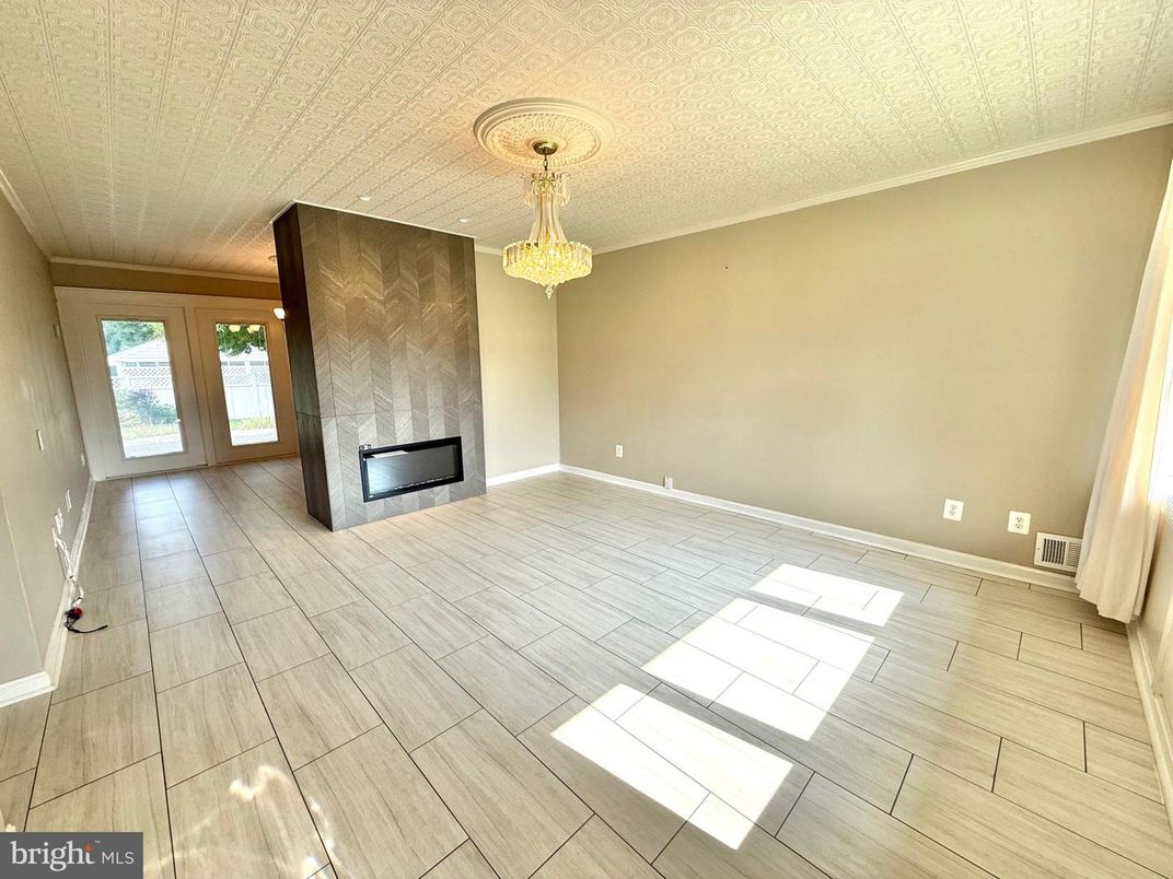 Chandelier, Empty room, Fireplace, Interior, Wood Texture Flooring