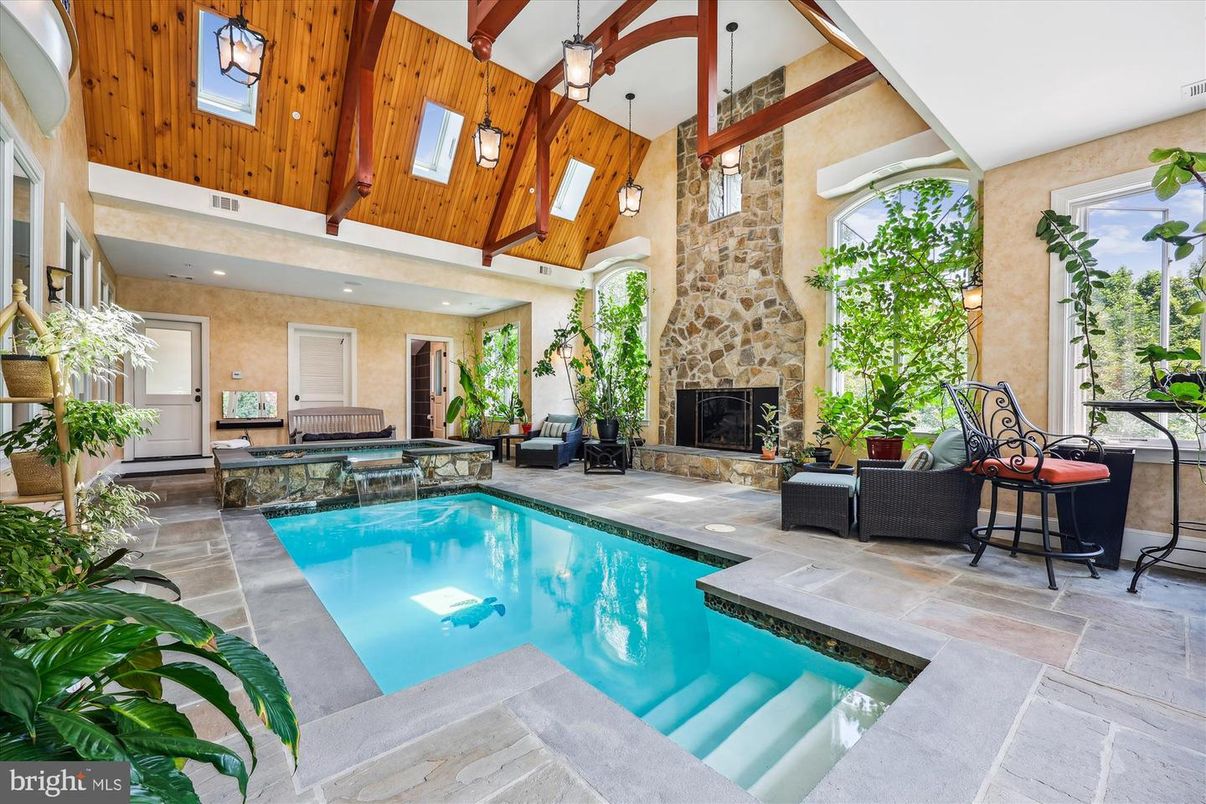 Fireplace, Interior, Pendant Lights, Pool, Recessed Lighting, Stone Walls, Wooden Walls