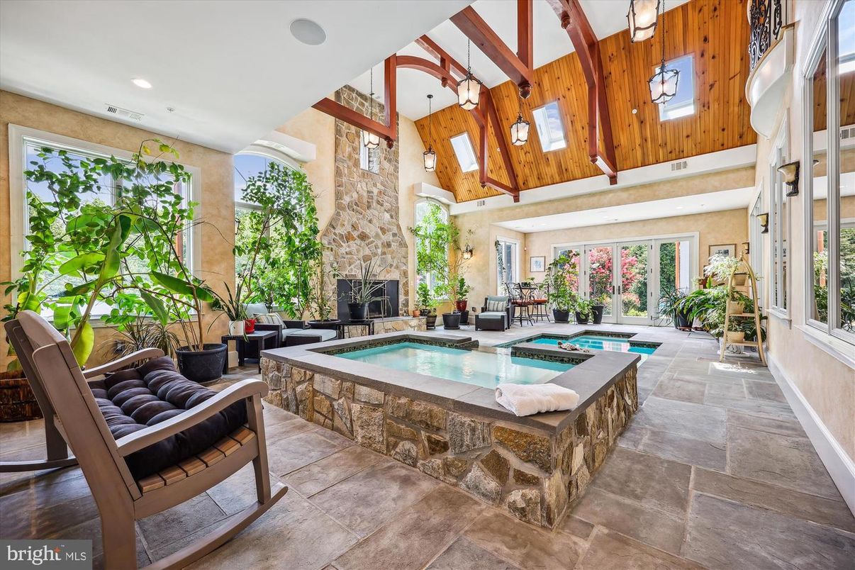 Fireplace, Interior, Pendant Lights, Pool, Recessed Lighting, Wooden Walls