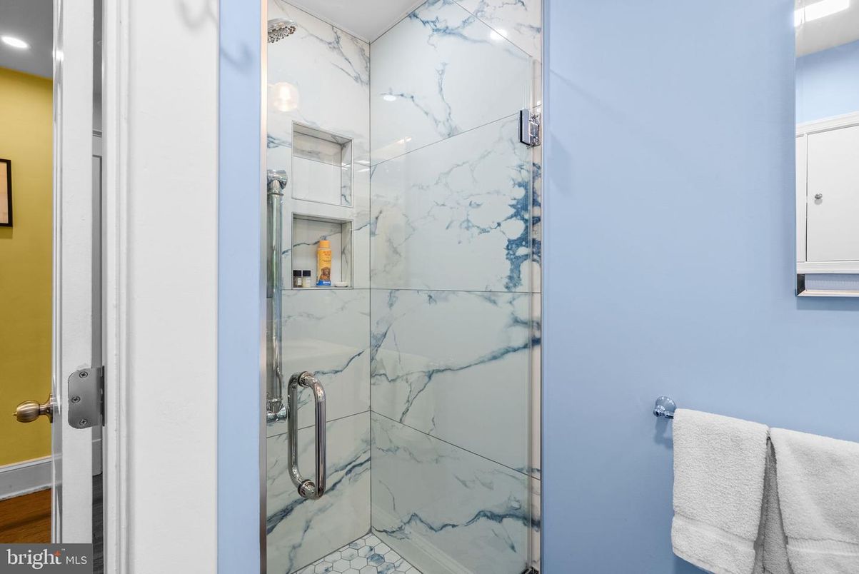 Bathroom, Glass Shower, Interior, Marble Walls, Recessed Lighting