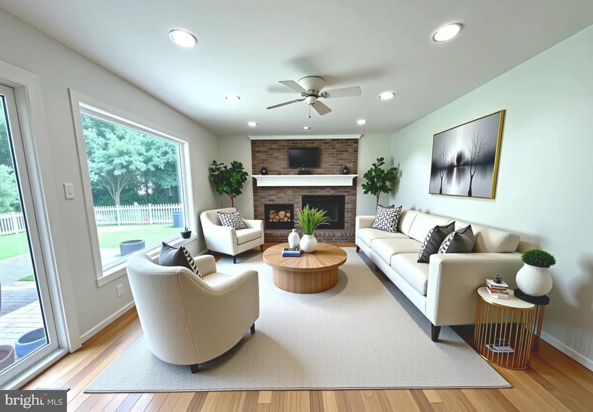 Fireplace, Interior, Living room, Recessed Lighting, Stone Walls, Wood Texture Flooring