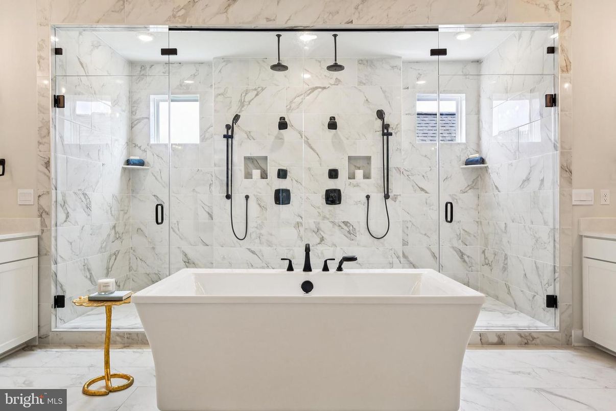 Bathroom, Free Standing Baths, Glass Shower, Interior, Marble, Marble Walls, Recessed Lighting