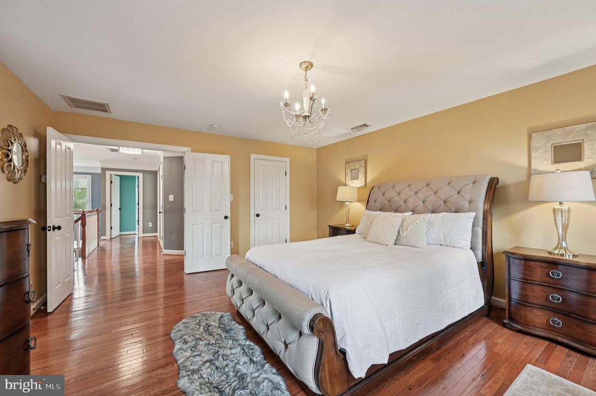 Bedroom, Chandelier, Interior, Wood Texture Flooring