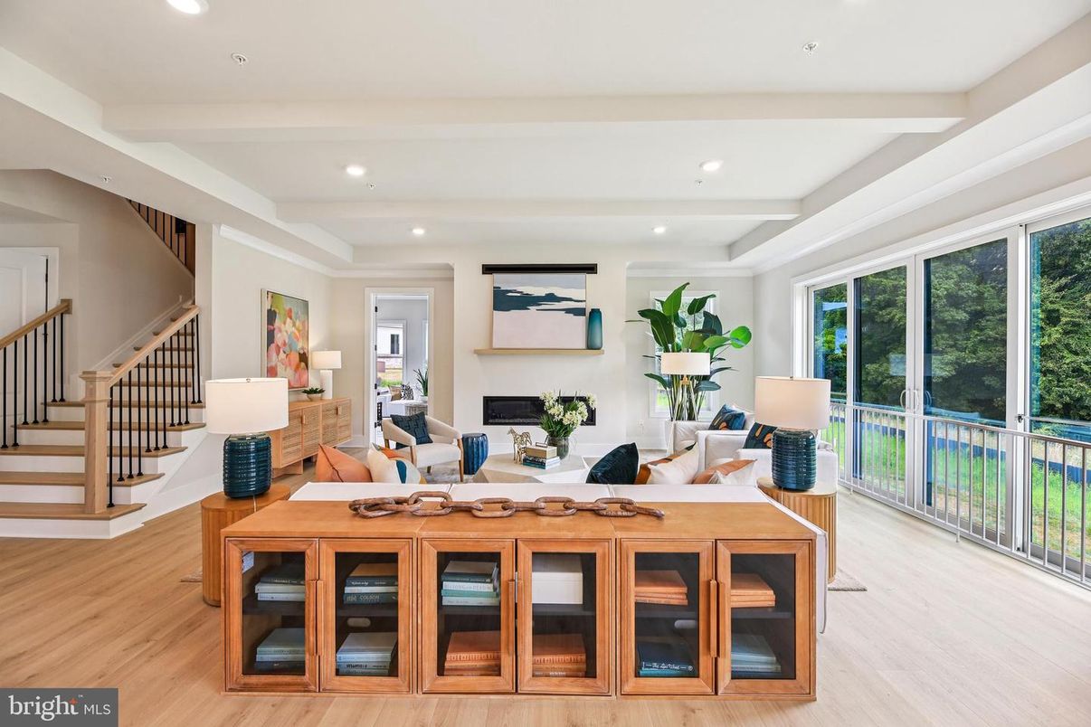 Fireplace, Home Office, Interior, Living room, Recessed Lighting, Wood Texture Flooring
