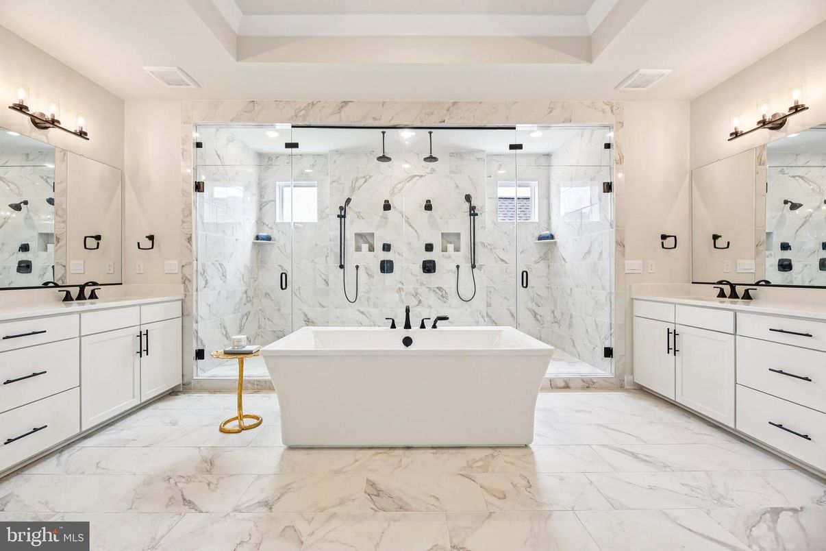 Bathroom, Dual Sink Vanities, Free Standing Baths, Glass Shower, Interior, Marble, Marble Walls, Recessed Lighting