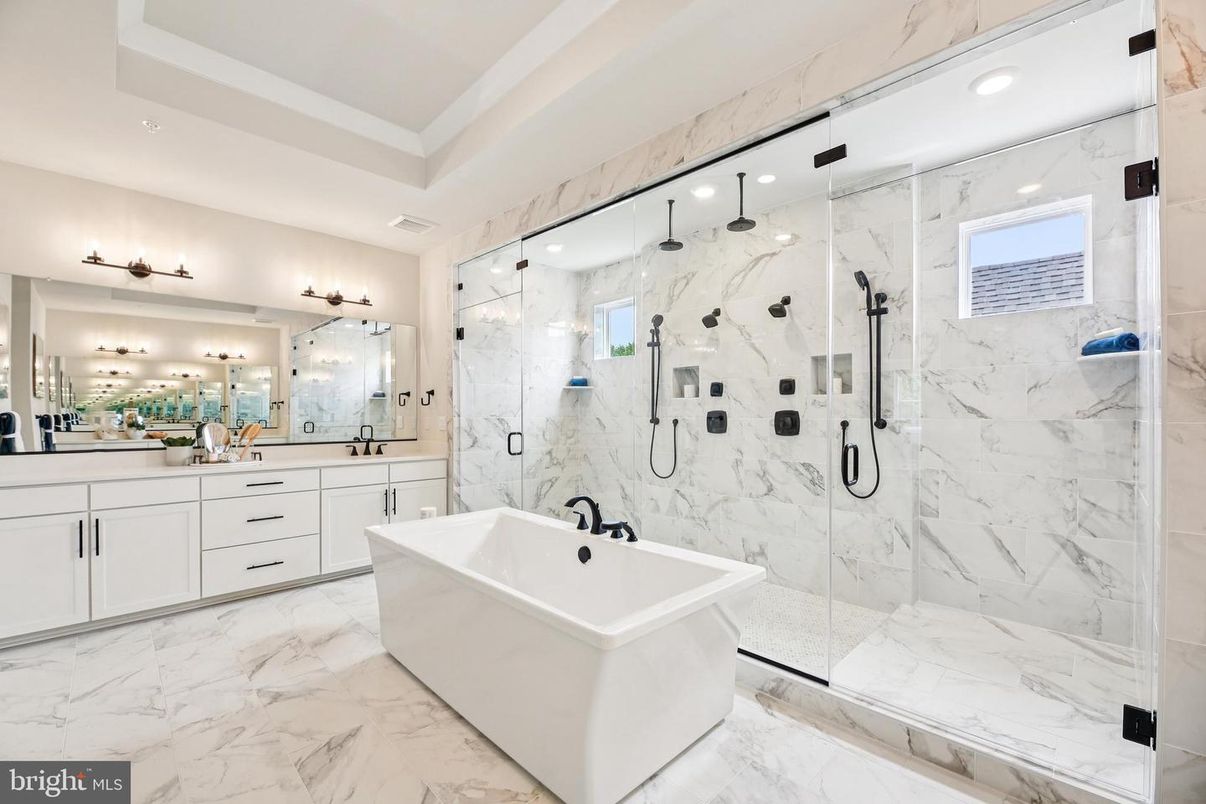 Bathroom, Dual Sink Vanities, Free Standing Baths, Glass Shower, Interior, Marble, Marble Walls, Recessed Lighting
