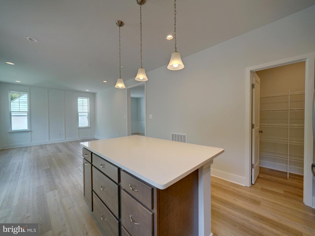 Empty room, Interior, Kitchen, Pendant Lights, Recessed Lighting, Wood Texture Flooring