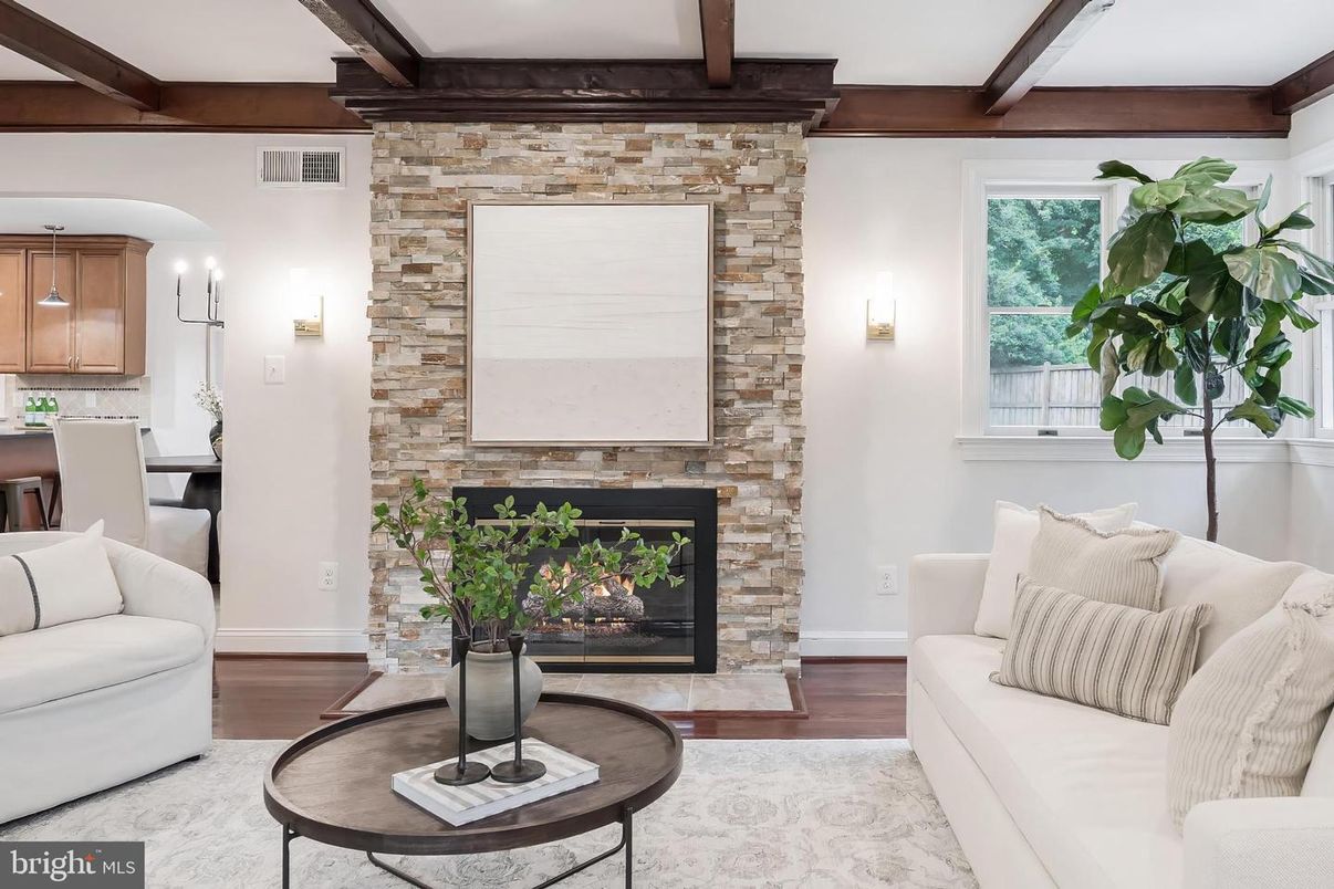 Fireplace, Interior, Living room, Stone Walls, Wooden Beams, Wood Texture Flooring